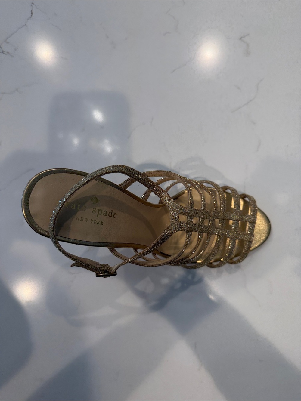 kate spade Metallic Gold Glitter Strappy Stiletto Sandals - Picture 2 of 5